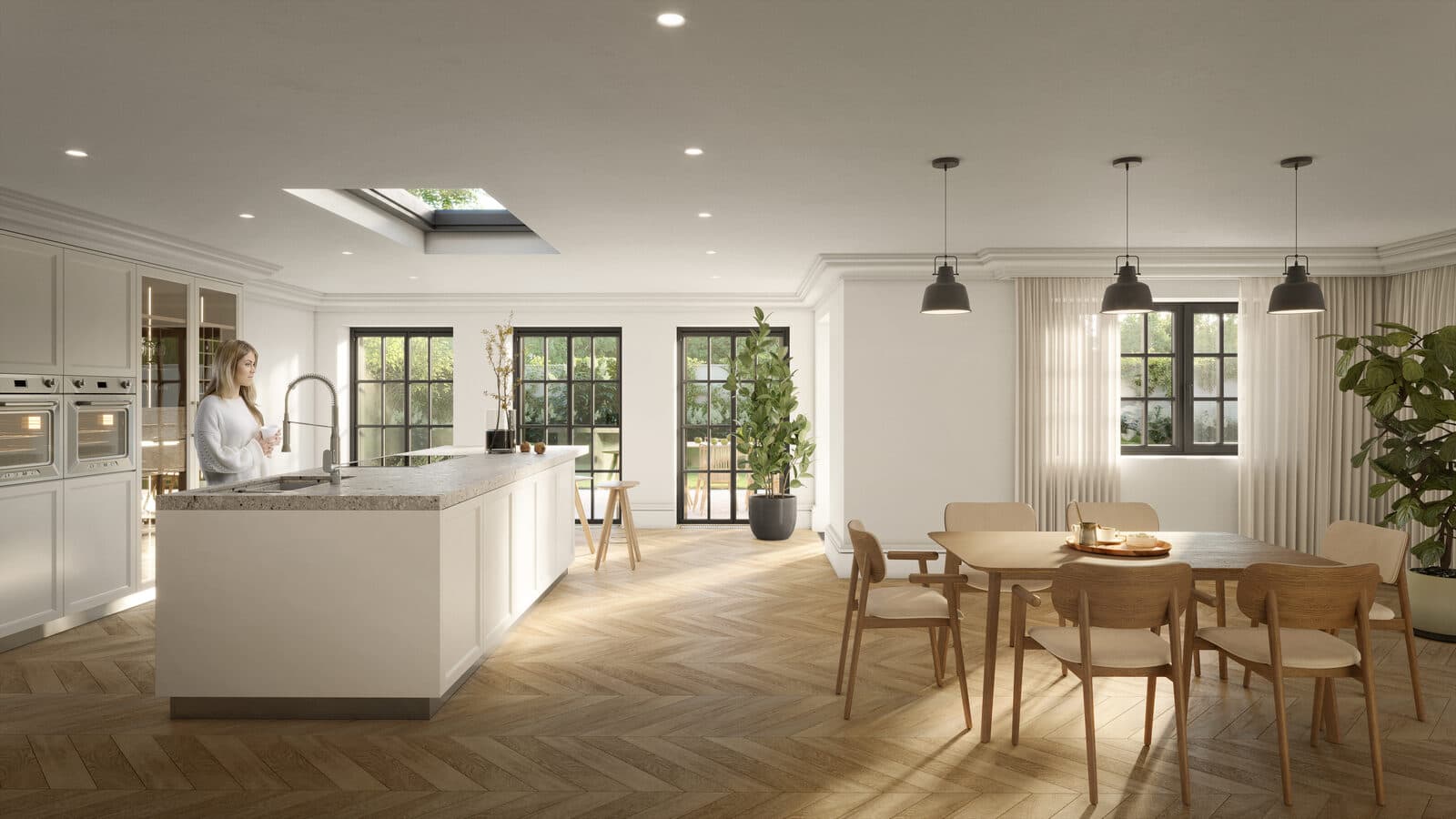 Visualisation of the open plan kitchen and dining space