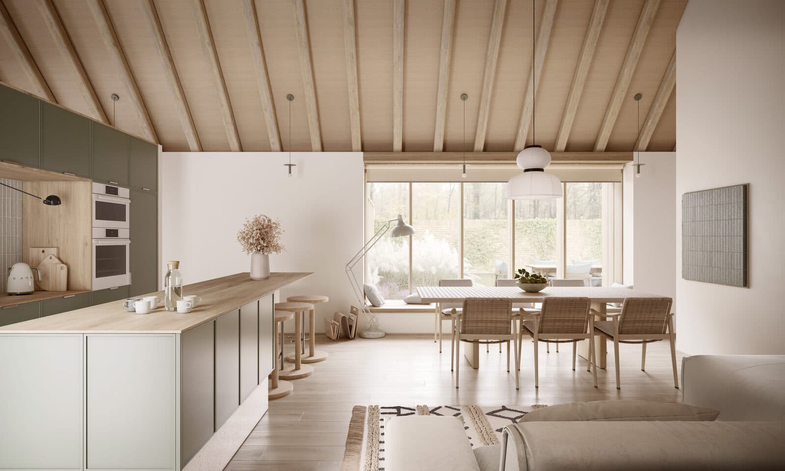 The open plan kitchen and dining space