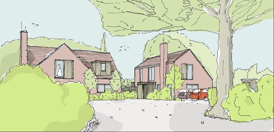 Sketch view of the proposed homes in their landscape setting