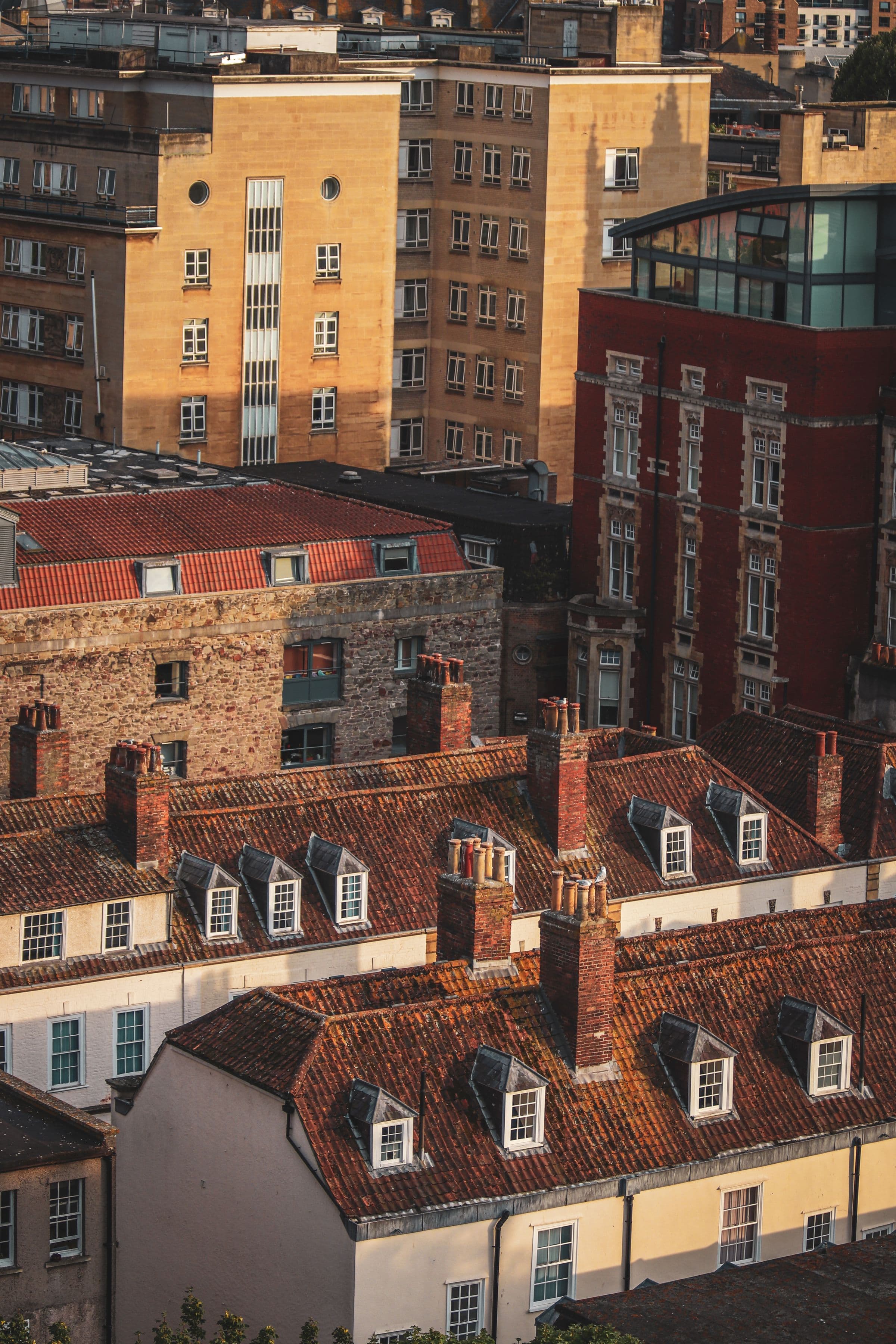 Rooftops and mixed commercial and residential buildings in a UK city