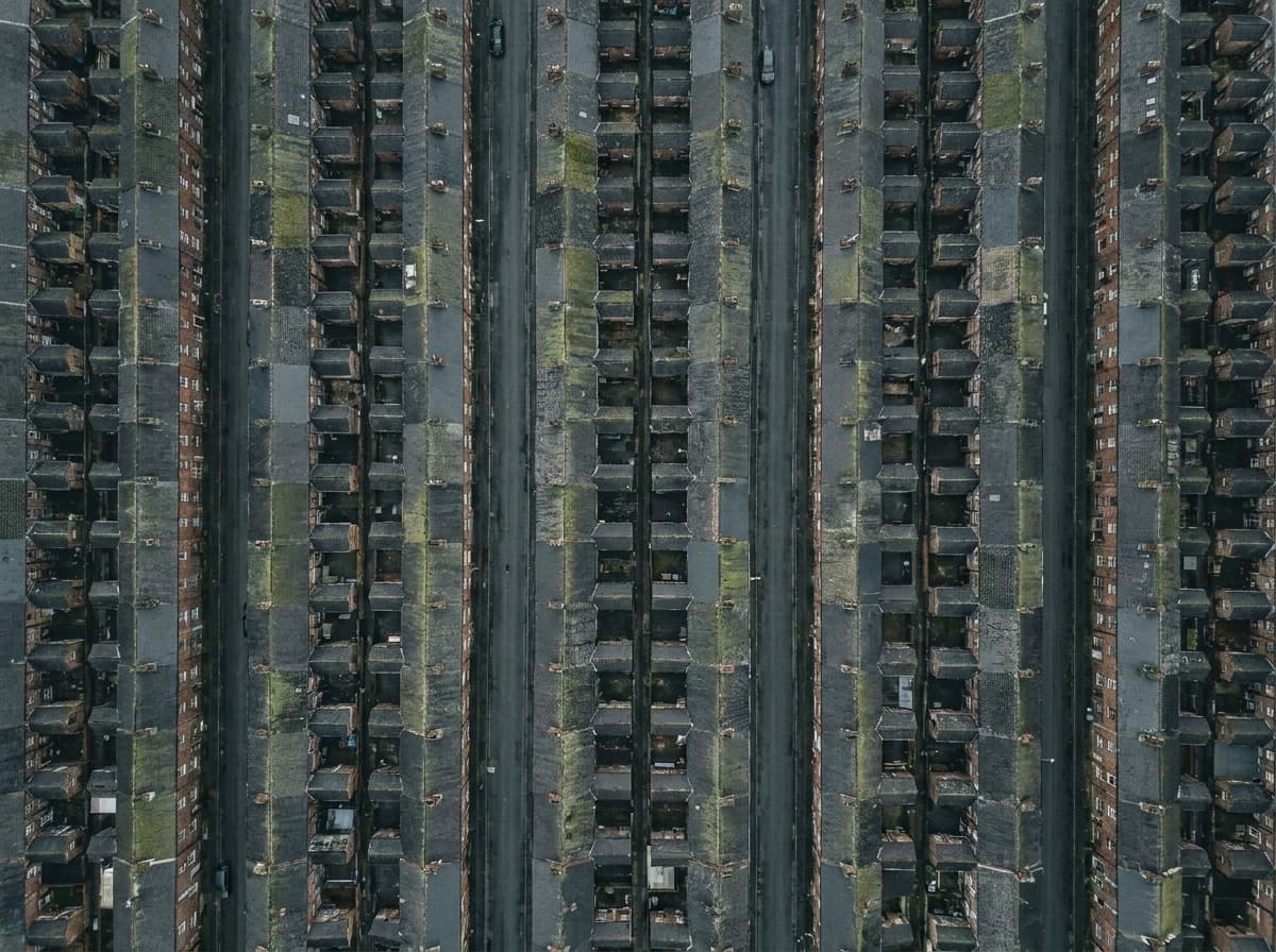 Top-down aerial of dense terraced housing streets