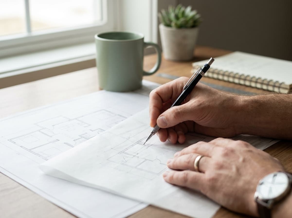 An architect sketching a floor plan on tracing paper