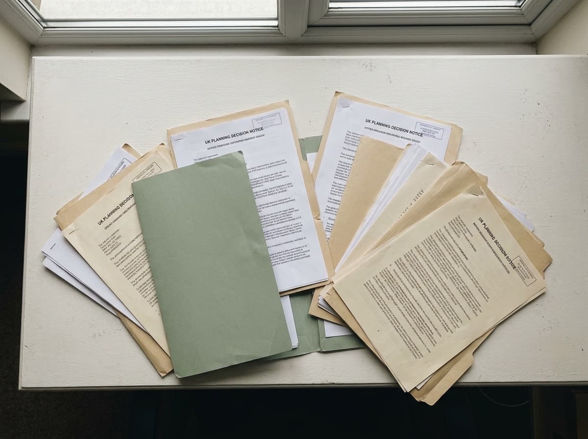 Printed planning decision notices fanned out on a desk