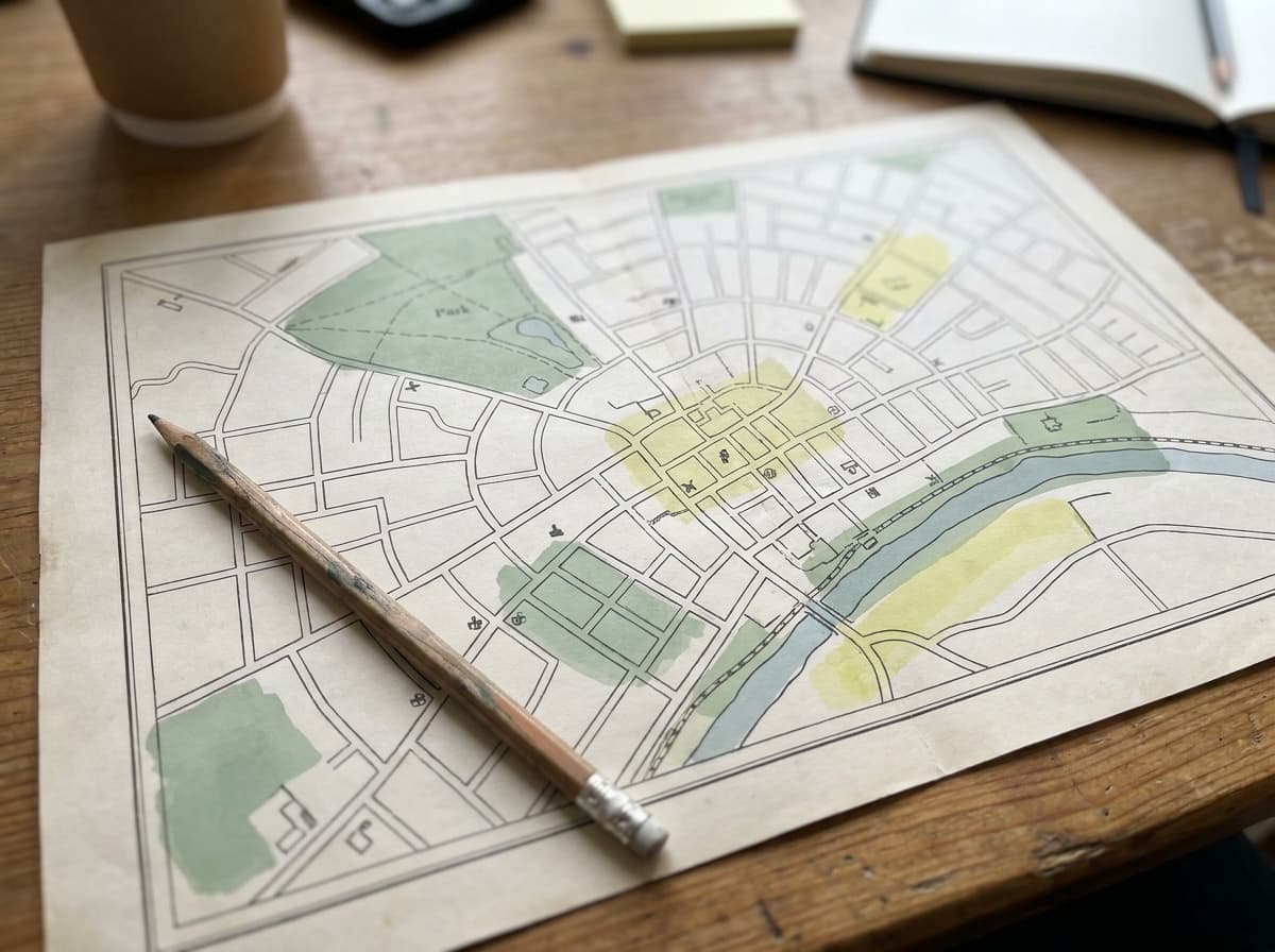 A printed town map with zones marked in highlighter