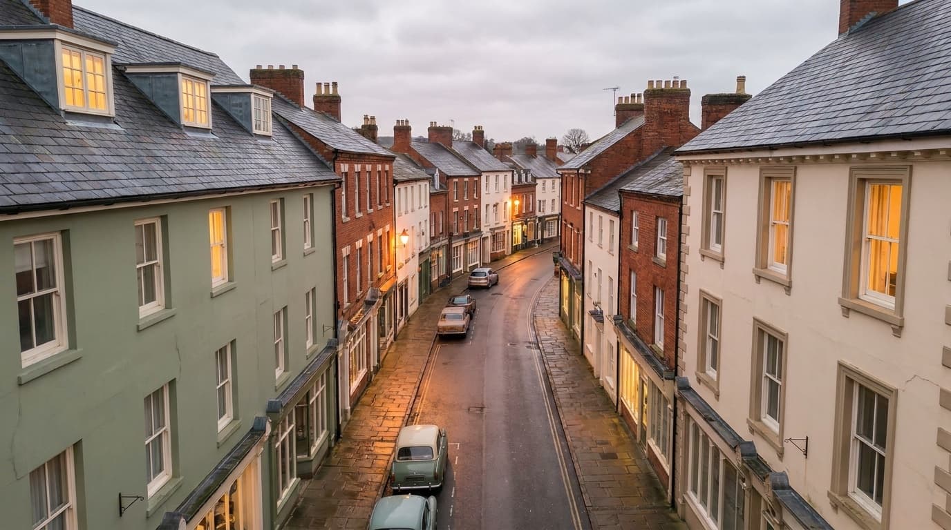Elevated dusk view along a UK market town high street