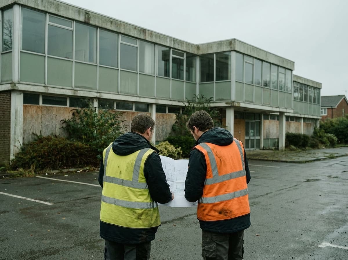 Two people reviewing a feasibility document outside a vacant office building